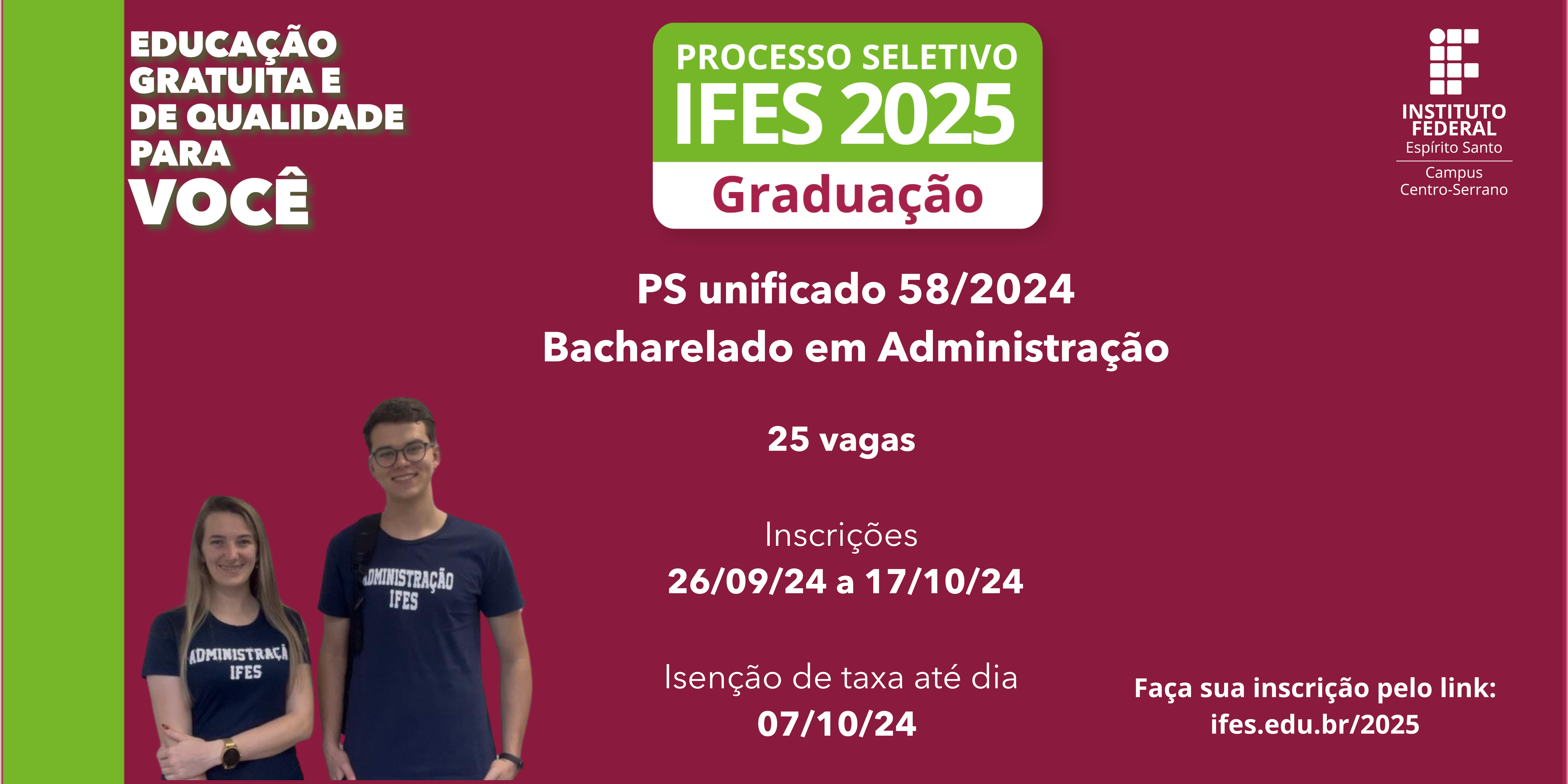 Inscreva-se no Processo Seletivo Unificado de Graduação do IFES campus Centro-Serrano e dê o primeiro passo rumo à realização dos seus sonhos. Acesse o edital!